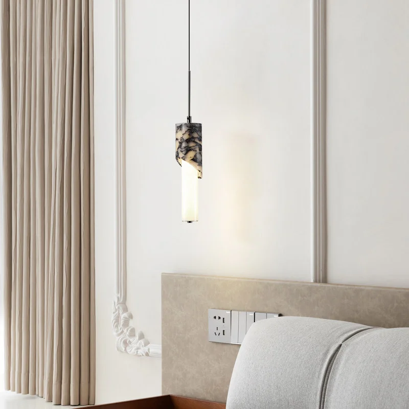 Luxury Bulgari Stone Pendant Light, Black Iron Flame-Pattern Marble Hanging Lamp for Kitchen Island & Bar Counter