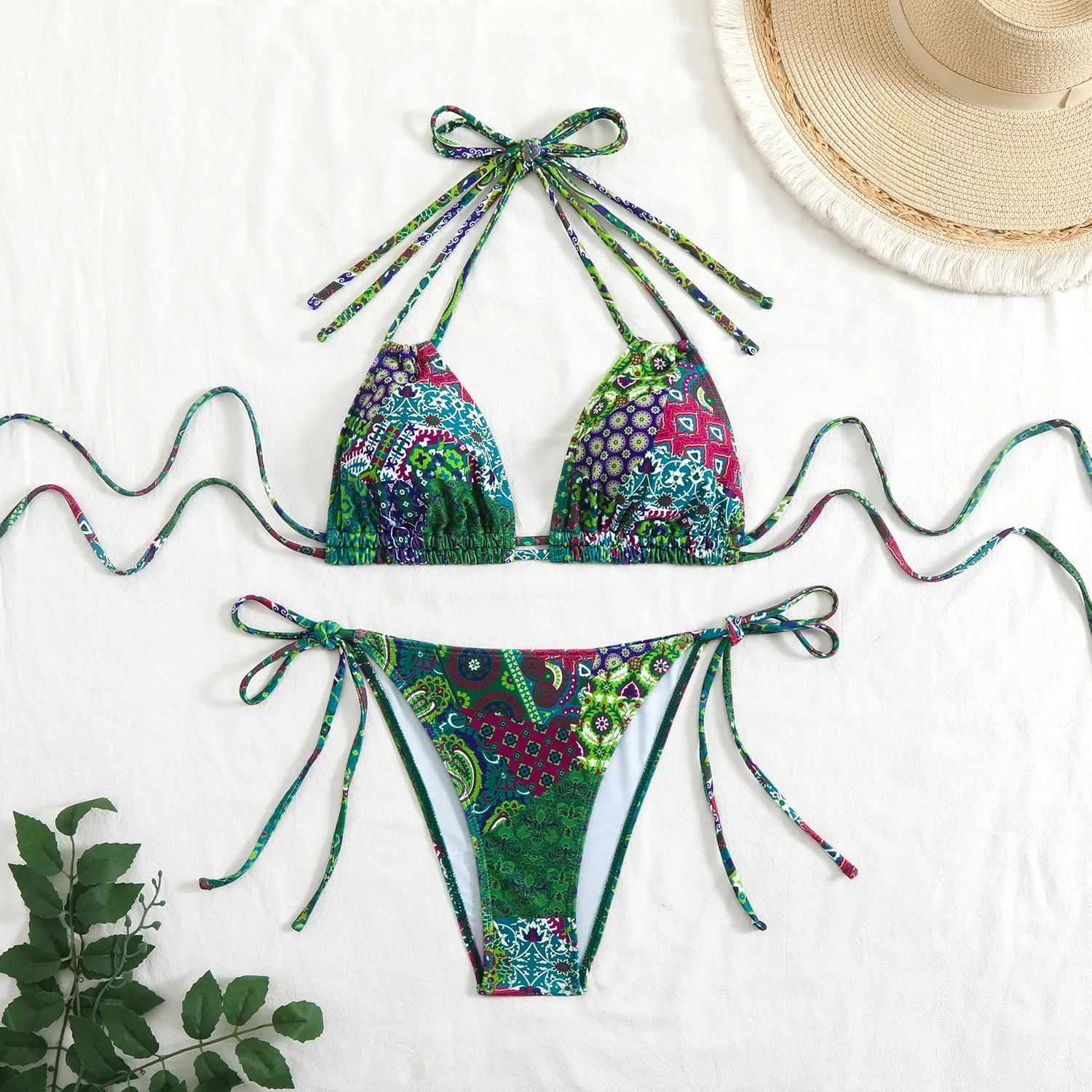 Micro bikini vintage con stampa floreale rossa 2025 Costume da bagno sexy con doppia cinghia push up con cravatta laterale perizoma da spiaggia