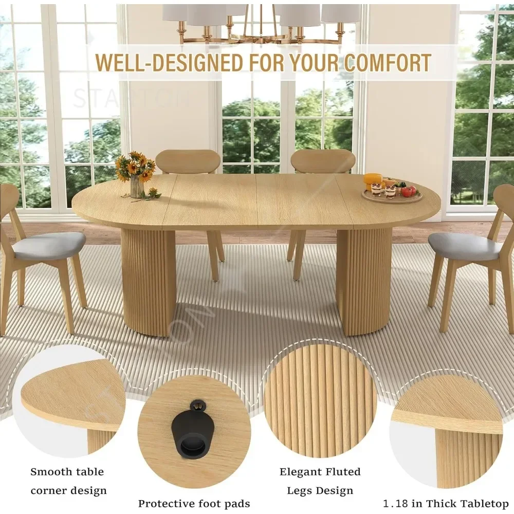 Round Expandable Kitchen Table with Fluted Base, Modern Farmhouse, Extendable Dining Room Table for 4-8