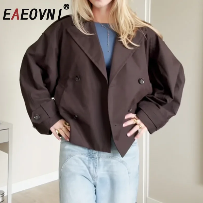 

EAEOVNI модная короткая куртка женская однотонная верхняя одежда с лацканами и двойными пуговицами пальто винтажная осень 2025 новая уличная одежда
