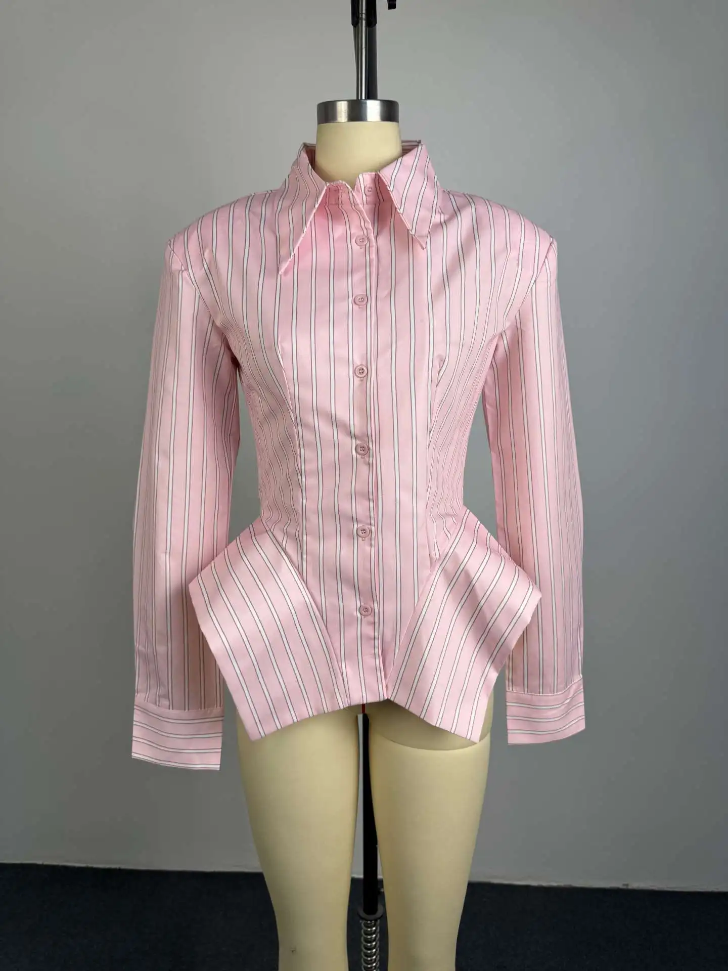 Women's Spring Summer Lapel Striped Fitted Asymmetrical Hem Shirt Casual Office Date 2026 New Trendy Feminine Fashion Shirt