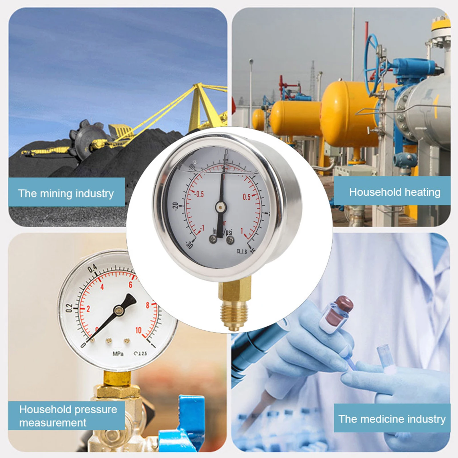 

Измерительный прибор: Манометр из нержавеющей стали TS‑PGGZ60Z4‑1bar 1/4BSP Y60, заполненный маслом, для измерения давления и вакуума