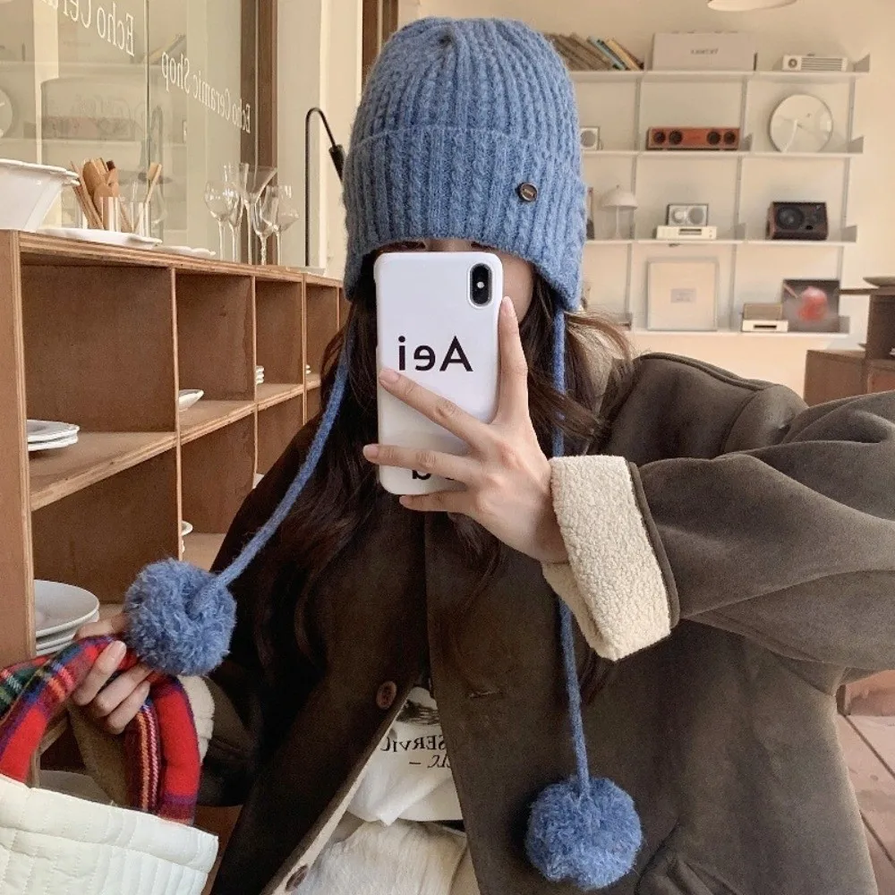 

Japanese Winter Y2k Knitted Cap Thick Windproof Pom-pom Knit Cap Soft Warm Casual Beanie Hats Female