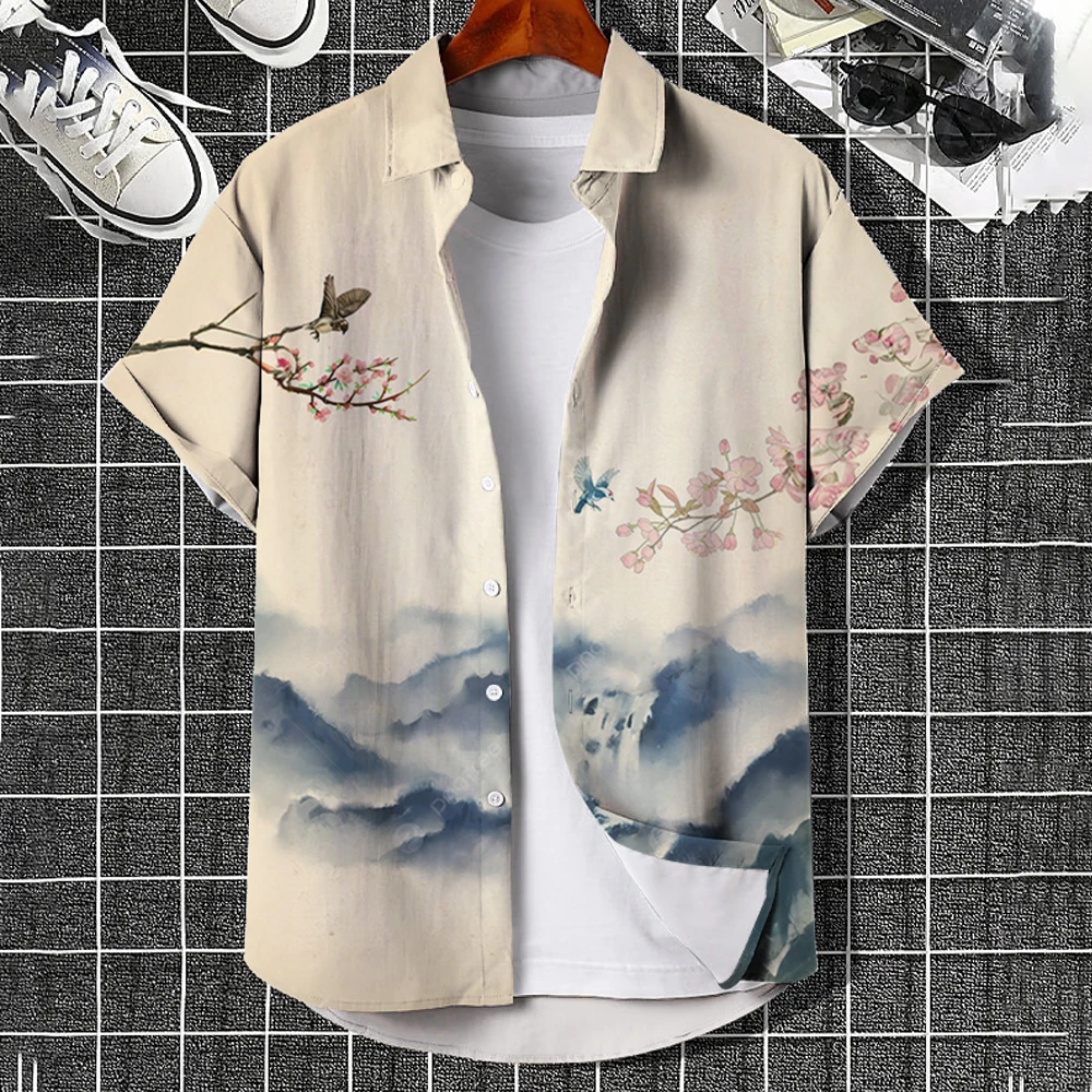 Men\'s Hawaiian Shirts 3D Print Chinese Painting Style Graphics Fashion Button Short Sleeve Lapel Streetwear Classic shirt Summer