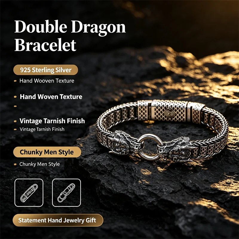 OUYADI Men Retro 925 Sterling Silver Bracelet Double Dragon Head HandWoven Thick Bangle Vintage Male Jewelry Birthday Gift