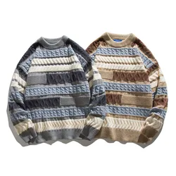 2023 New Knitted Sweater Round Neck Sweater Men's Autumn and Winter Casual Jacket Wave Pattern Splicing  Sweater