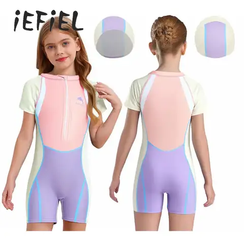 Teen Girls Surfing One Piece UV Swimsuit Sport Short Sleeve Shorty Jumpsuit Swimwear Rash Guard Diving Bathing Suit Beachwear