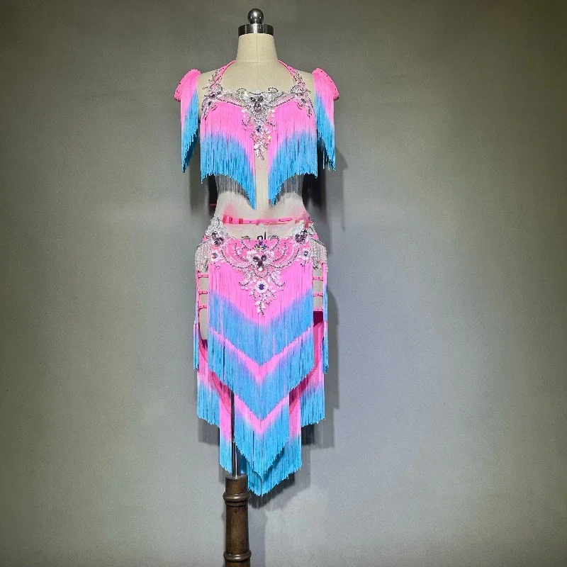 

BellyDance Set High End Custom Luxury Rhinestone Bra+Gradual Change Tassel Skirt Adult andChild Belly Dancing Performance Outfit