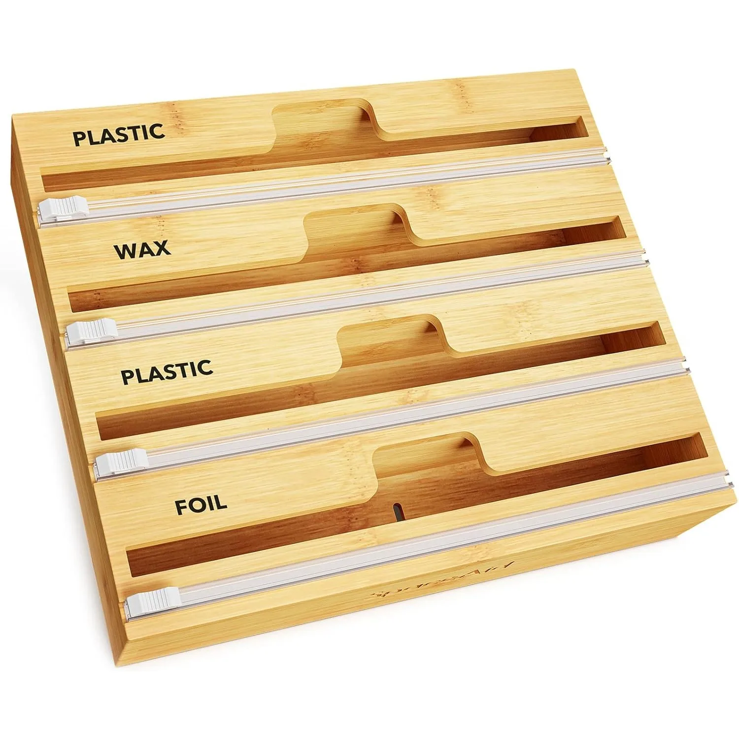 

WrapNeat 4 in 1 Wrap Organizer with Cutter and Labels, Plastic Wrap, Aluminum Foil and Wax Bamboo DispenserNatural, 4-Slot)