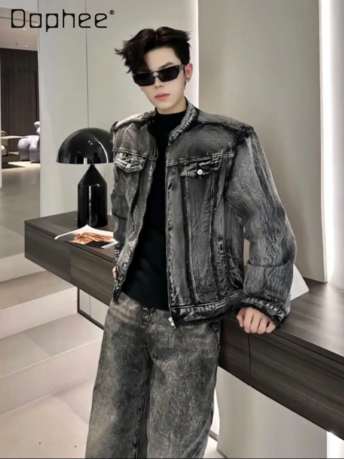 

2026 Spring and Autumn New American Retro Style Men's Black and Gray Short Stand Collar Fitted Casual Denim Jacket