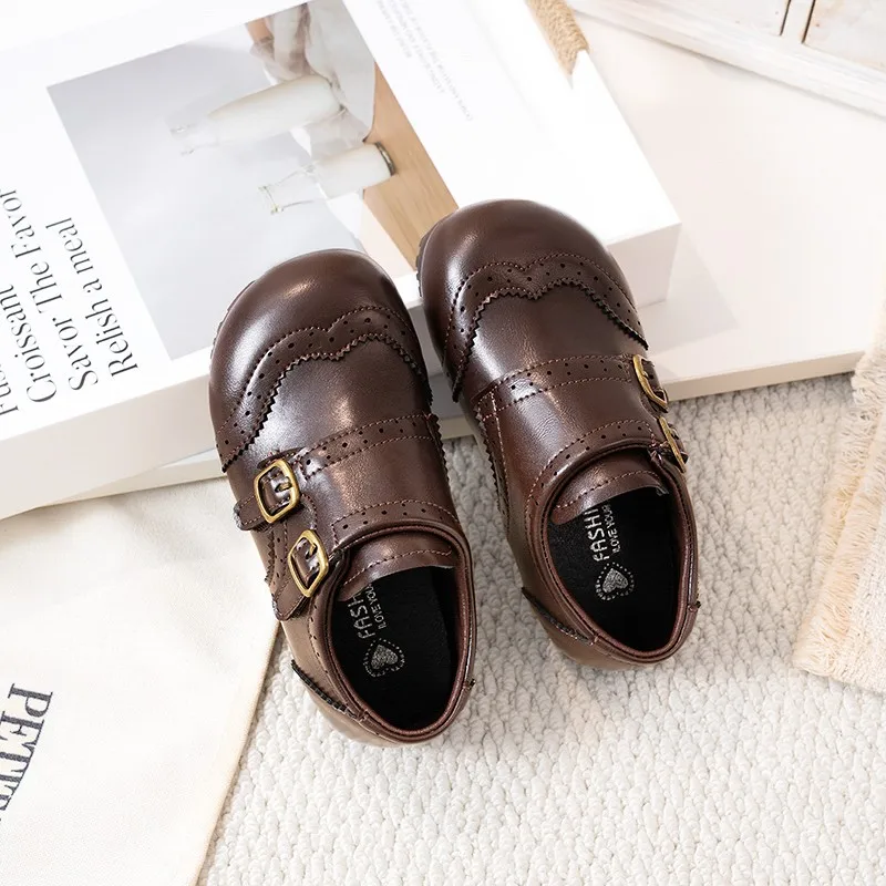 Vintage Girls Leather Shoes 2026 New Autumn Toddler British Style Double Buckle Brogue Oxfords Kid Soft Sole School Dress Shoes