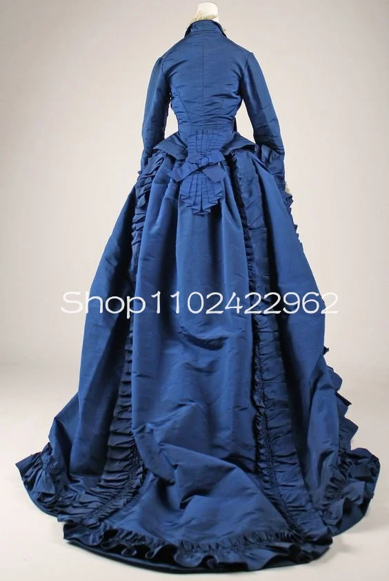 Vestido de baile victoriano azul marino Steampunk, vestidos de graduación con manga larga, mancha de seda fruncida, vestido de noche histórico de reserva occidental