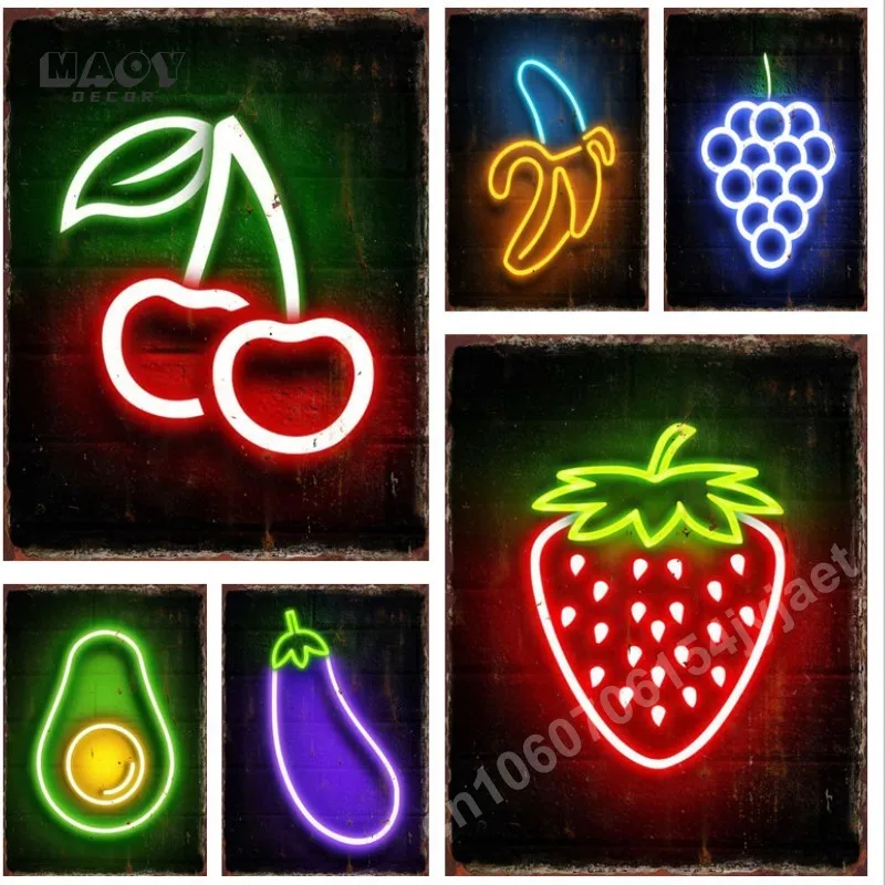 Cool Neon Signs Fruit Metal Tin Signs Cherry Banana Vintage Poster Room Decor Fruit Shop Plaques Wall Art Iron Plate Painting