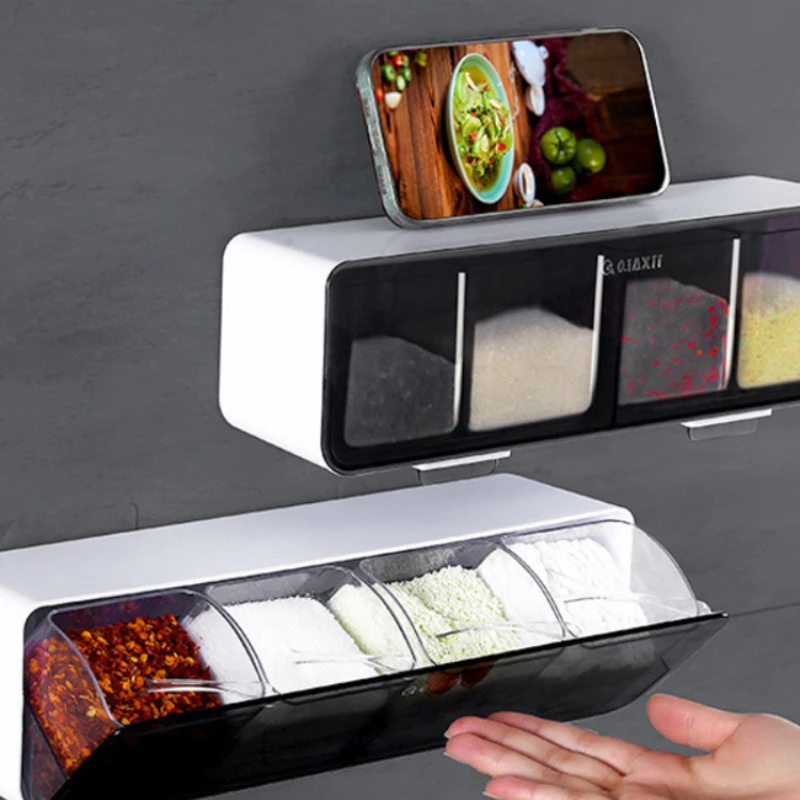 صندوق توابل مثبت على الحائط للمطبخ ، ملح ، فلفل ، رف توابل ، وعاء سكر ، أداة مطبخ ، مجموعات أجهزة ، أداة منظمة #1