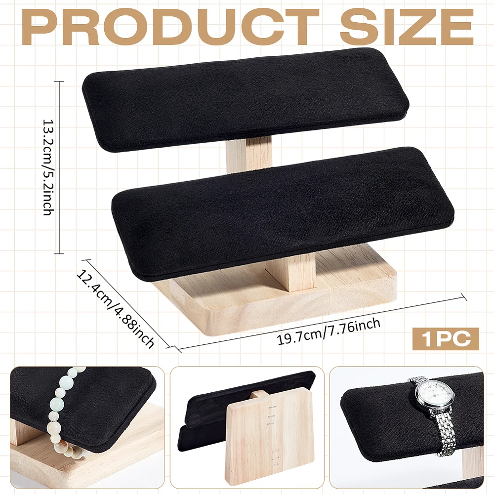 Wood Watch Display Stand 7.76x4.88x5.2inch 2 Tiers Velvet Bracelet Display Stands with Wooden Base Rectangle Bracelet Organizer