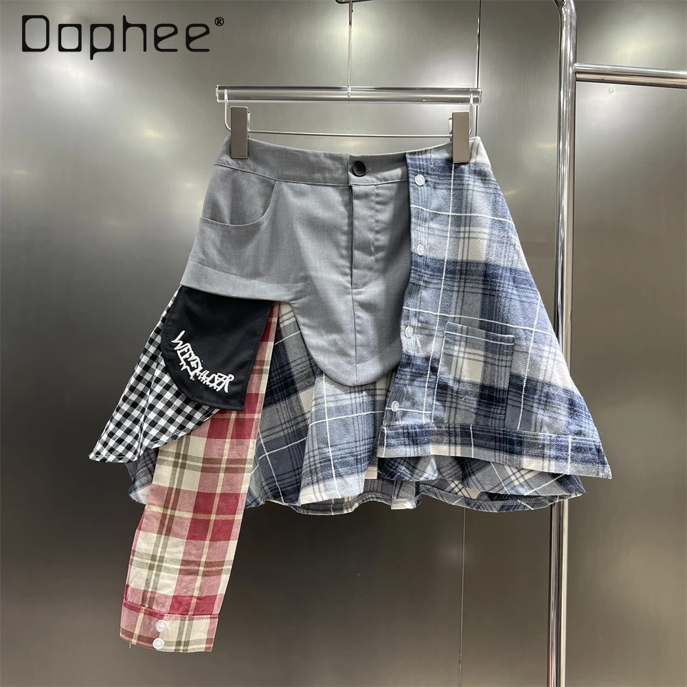 

Fashion Plaid Patchwork Mini Skirt for Women High Waist Irregular Button Skirts Ruffled Hem Street Korean Y2K Style 2024 New