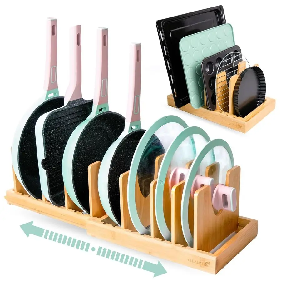 

and Pans Organizer under Cabinet, Bamboo Expandable Bakeware and Cutting Board Organizers, Adjustable Pot Lids Holder Rack, Cook