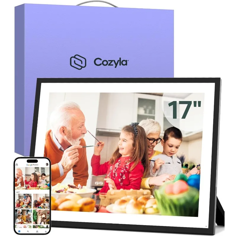 Canvas digital photo frame large 17 inch free unlimited storage ai powered send pictures and videos via google photos email