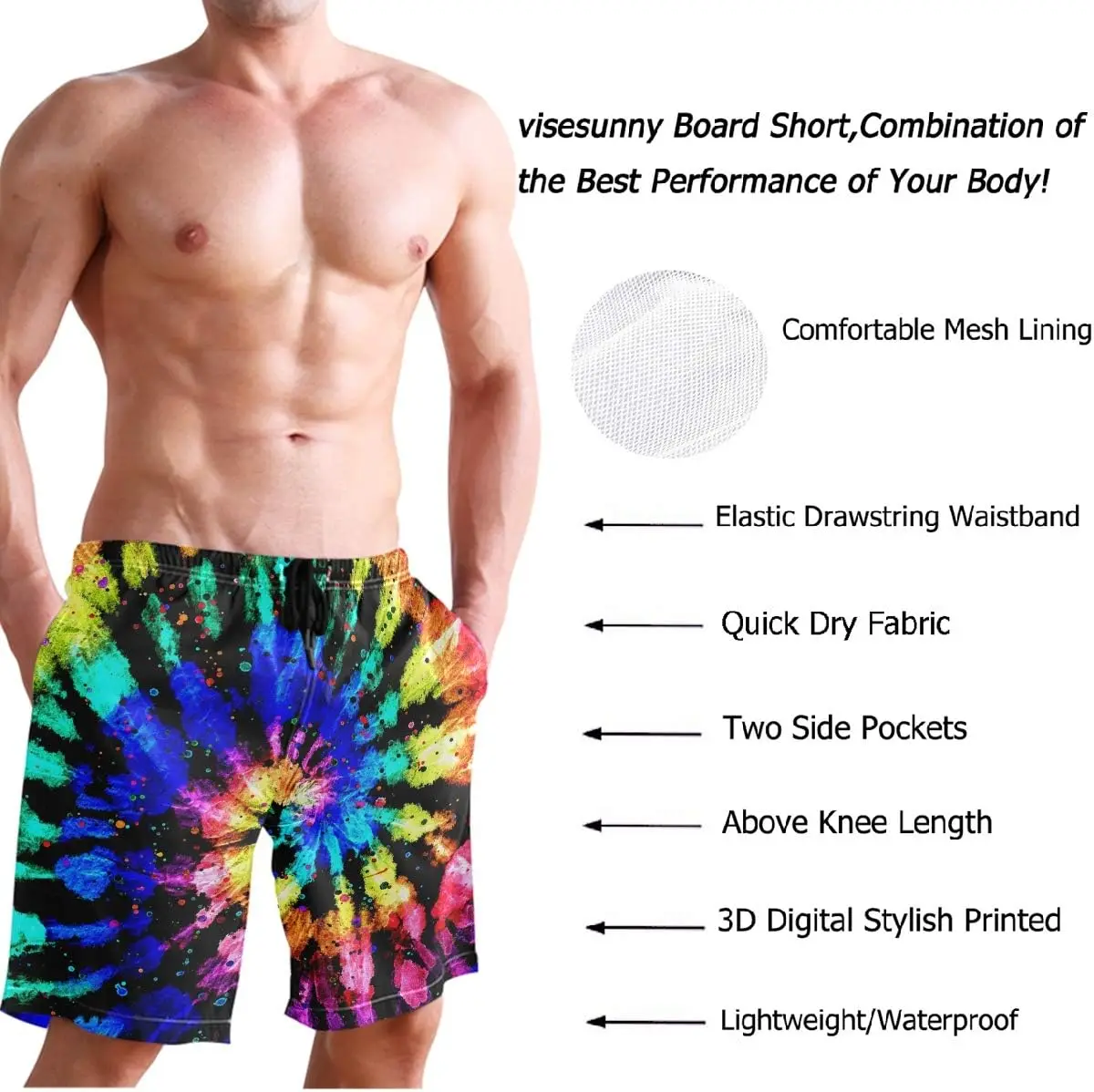 Wtercolorful Tye Die Rainbow Design Men's Summer Beach Shorts Swim Trunks Sports Running Bathing Suits with Mesh Lining