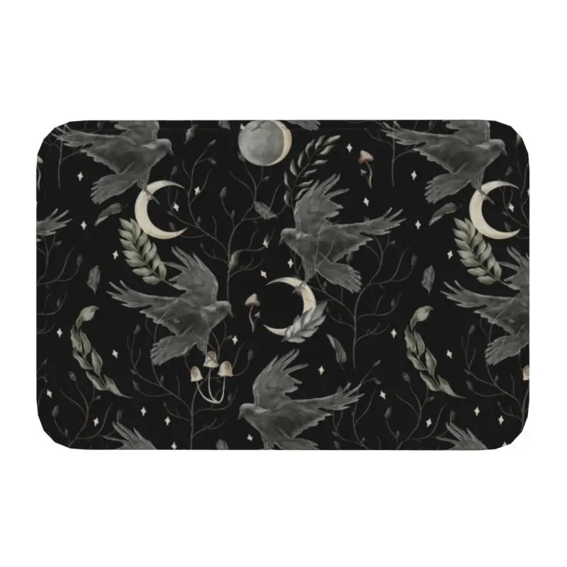 Crow Moon Door Mat Anti-Slip Kitchen Bathroom  Halloween Spooky Witch Garage  Floor Entrance Rug