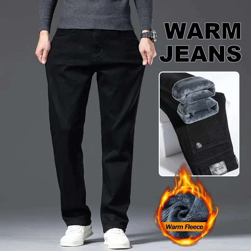 

High Quality Men's Thickened Fleece Winter Jeans Elastic Warm Casual Straight Trousers Retro Fashion Plush Velvet Denim Pants