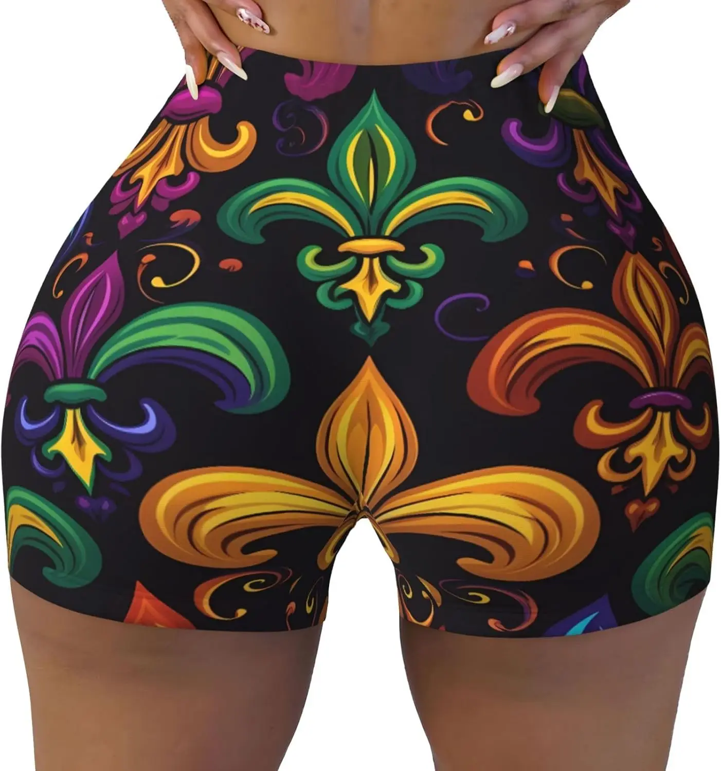 Frauen Workout Yoga Shorts Bunte Mardi Gras Fleur De Lis Blumen Design Hohe Taille Gym Kurze Booty Shorts