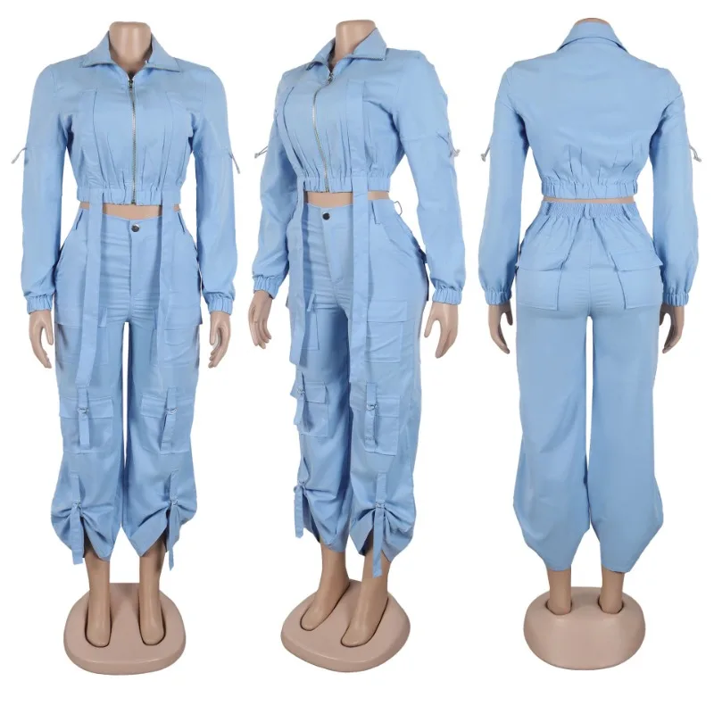 Streetwear Dwuczęściowy zestaw dla kobiet Odzież Zamek błyskawiczny Kurtka z golfem Wstążka Top i spodnie Cargo Dopasowane zestawy Stroje Dresy