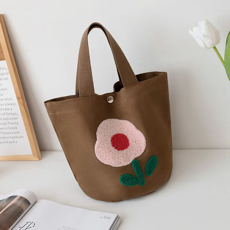 Bolso de mano de lona con flores de felpa bordadas para mujer, bolsos de compras de gran capacidad, lonchera, bolso de mano para estudiantes