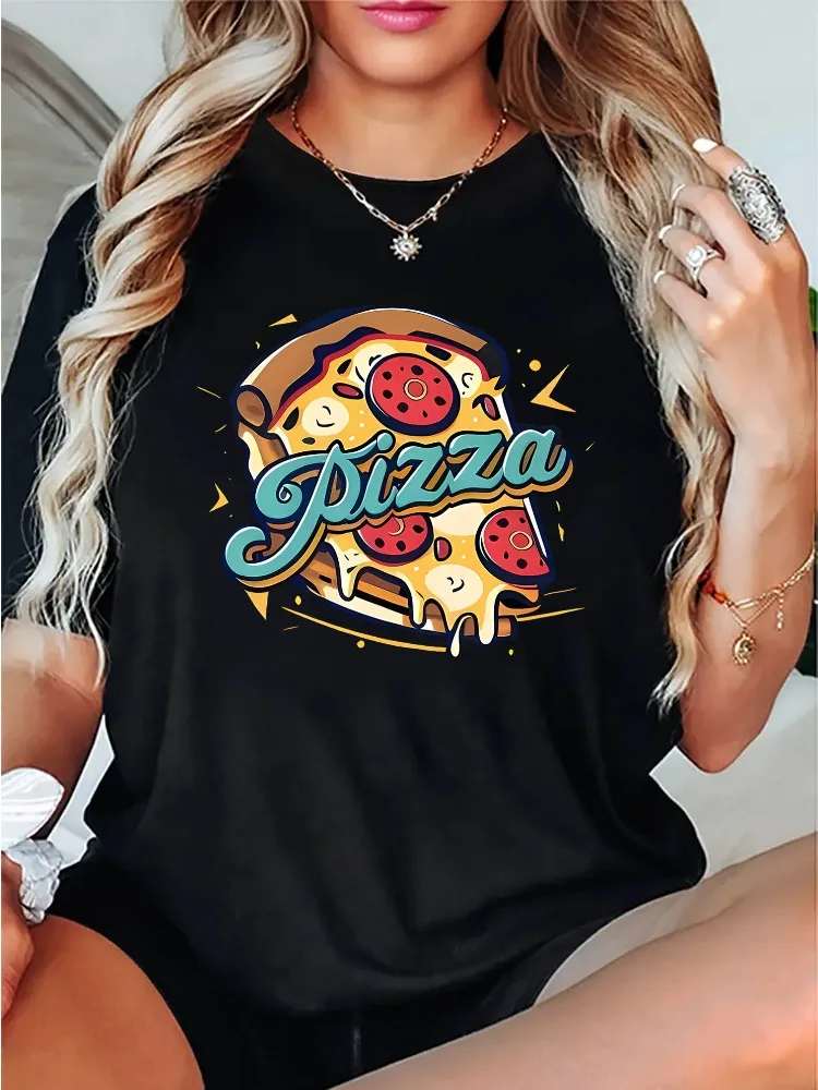 

Creative Delicious Pizza Pattern Printed Women's Casual Sports T-Shirt Round Neck Short Sleeve Comfortable Spring/Summer Top