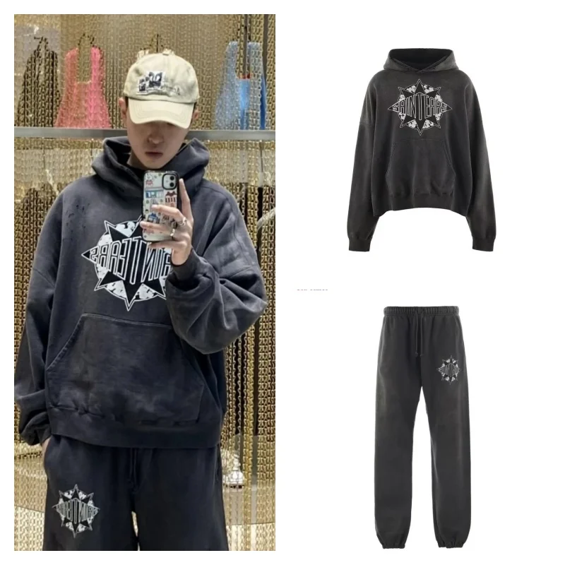 New Vintage Set SAINT Broken Logo Print Washed Hoodie Sweatshirt 100% Cotton Fall Winter Pullover Sweatpants