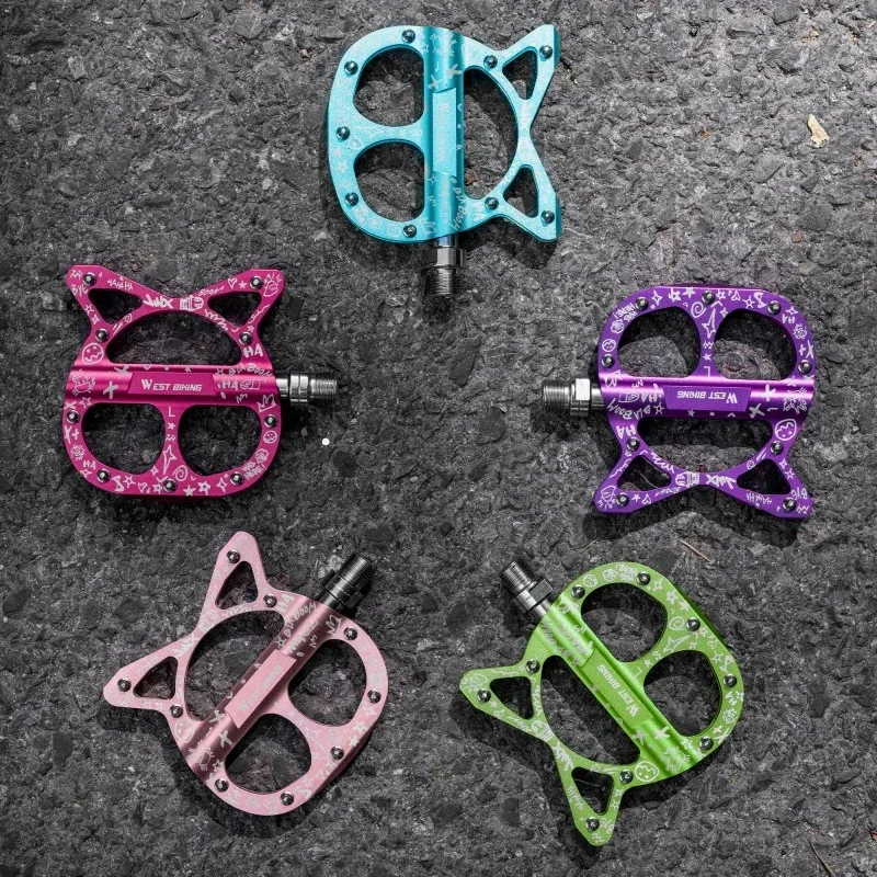 Pedales de bicicleta en forma de gato: aleación de aluminio, pedal de graffiti para bicicleta de montaña y carretera antideslizante de 3 rodamientos con clavo de pie extraíble