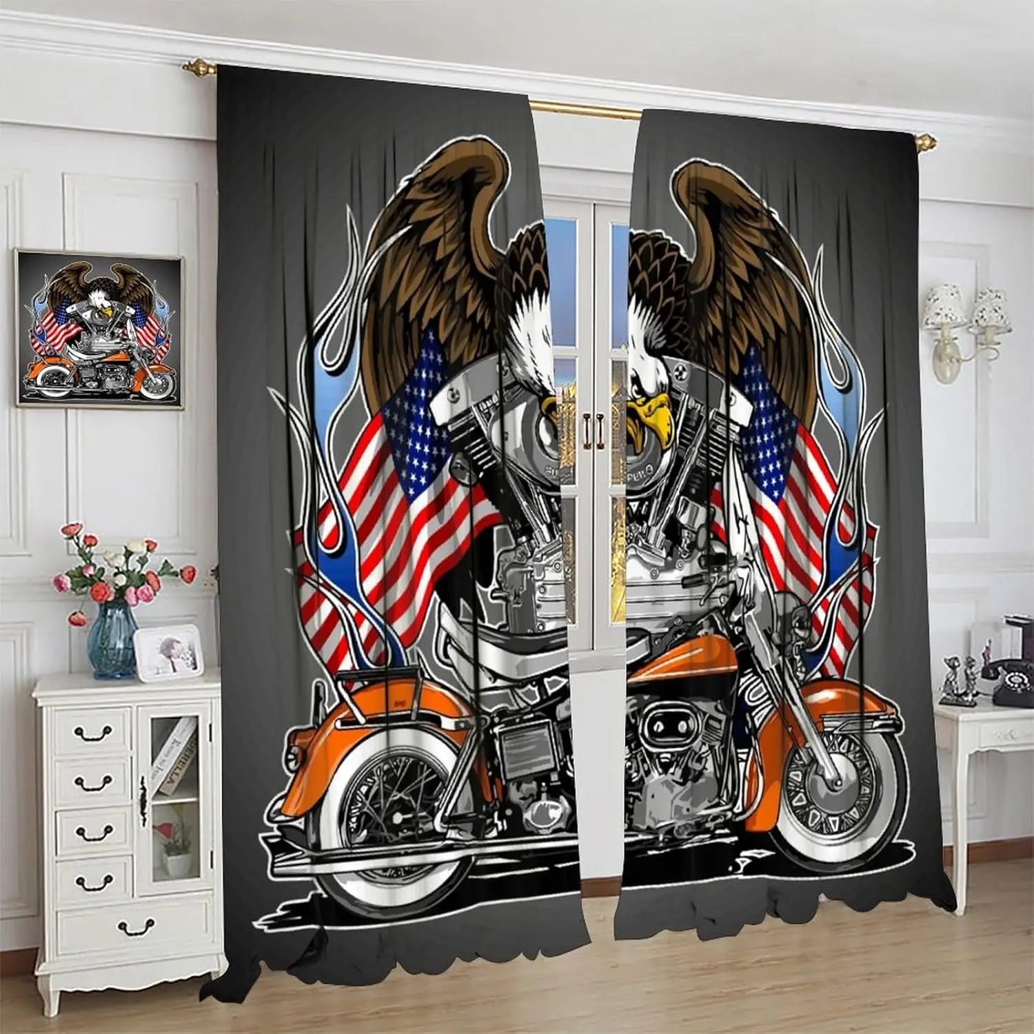 Animal Eagle Blackout Curtain American Flag Motorcycle Window Curtain Noise Reducing Drapes Rod Pocket Kitchen Dining Room Cafe
