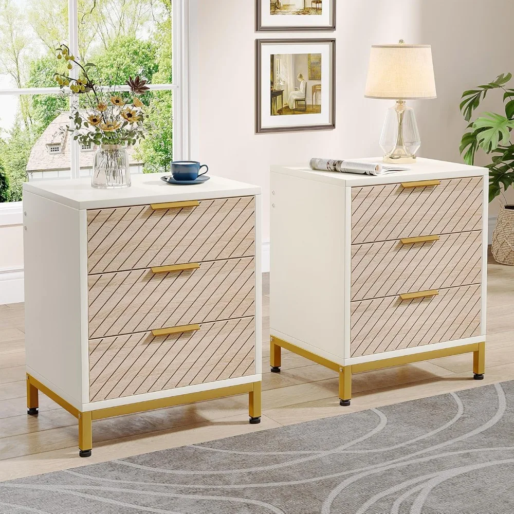 

Night Stands Set of 2, Nightstand with 3 Drawers White and Gold Light Wood Grain Nightstands Bedside End Tables Storage for Bed