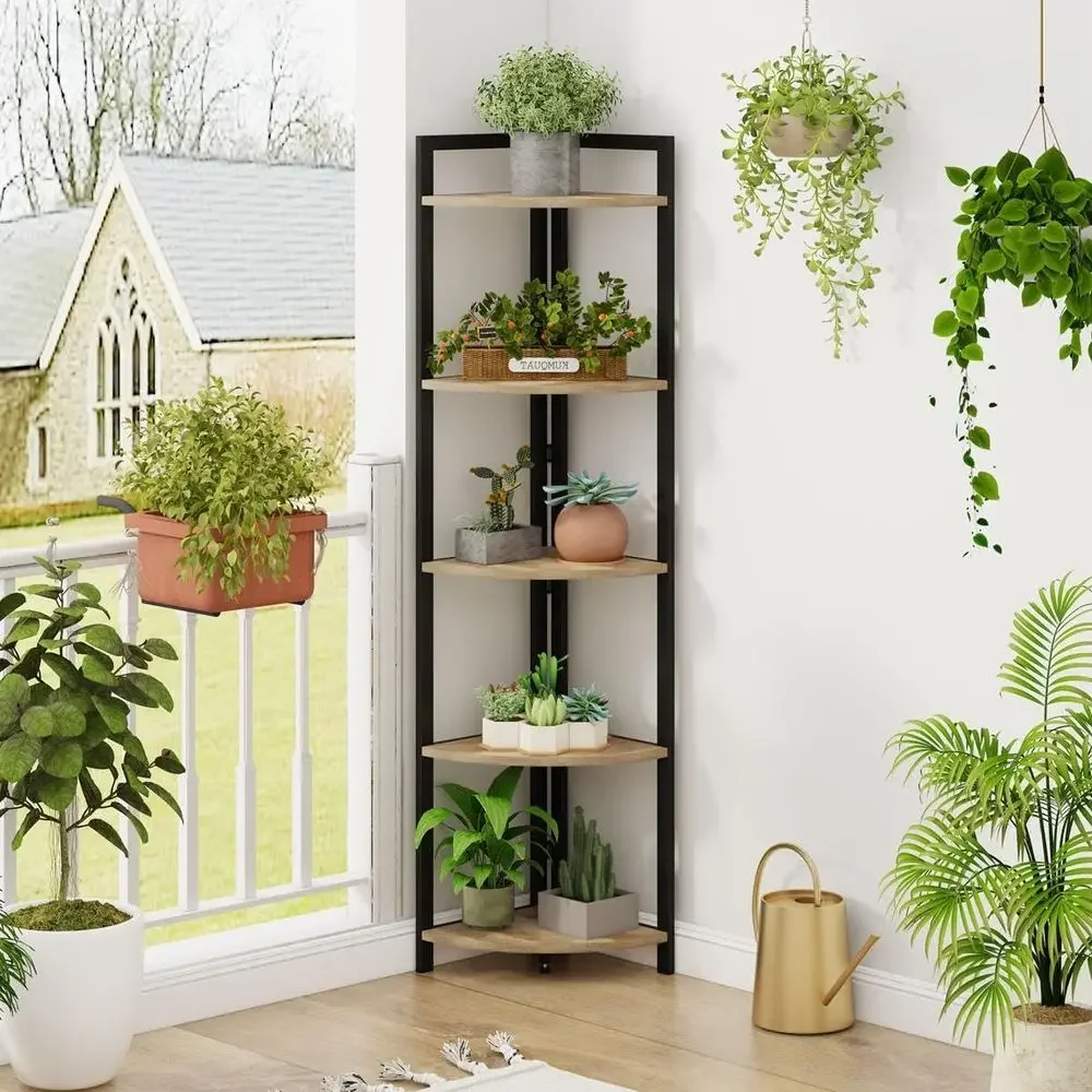 رف زاوية خشبي ومعدني على الطراز الصناعي - لمسة نهائية من خشب البلوط الريفي لعرض غرفة المعيشة والمكتب المنزلي #2