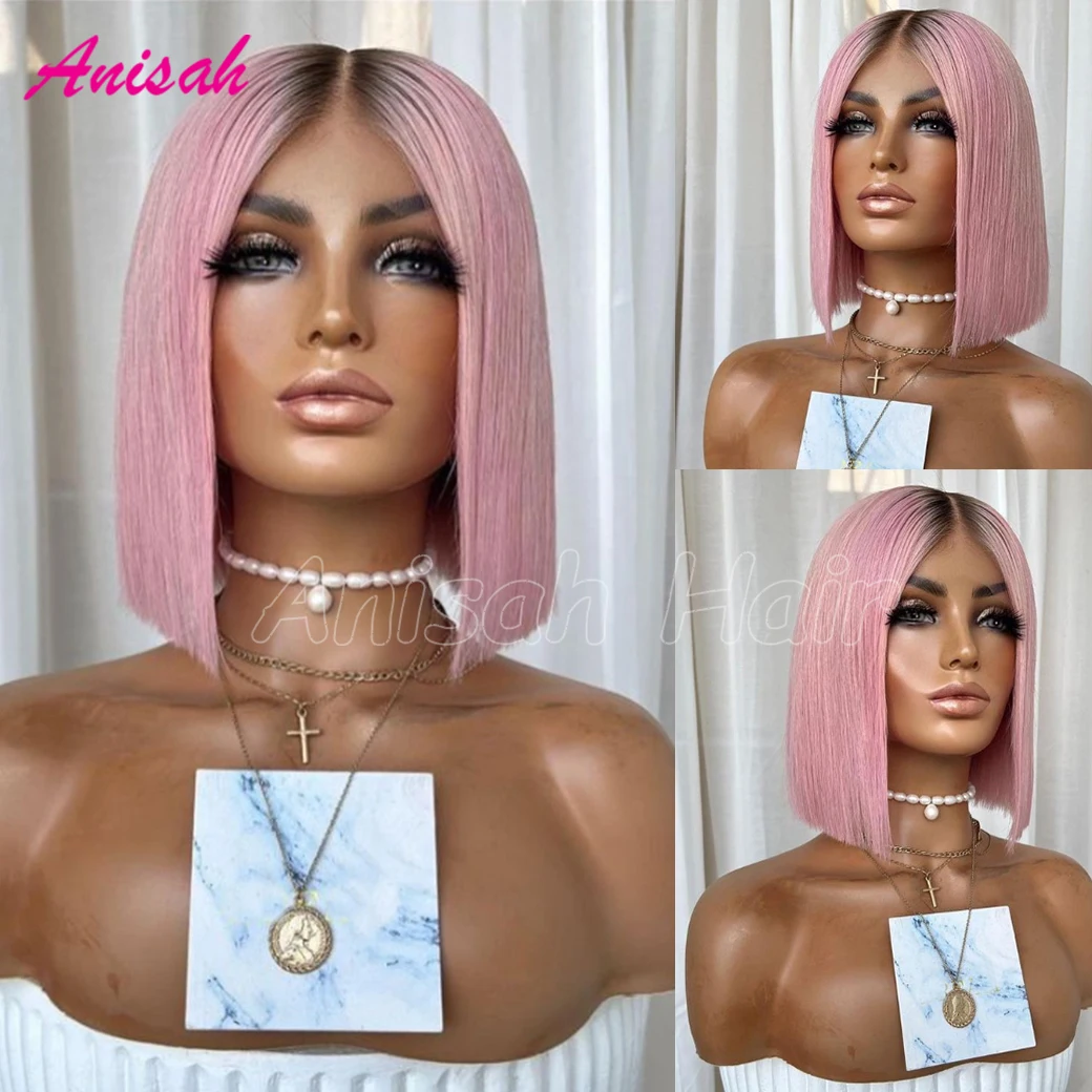 Ombre Pink Bob Wig Straight 13x4 Lace Front Human Hair Wigs For Women Short Bob Transparent Lace Wigs Bleached Knots Pre Plucked