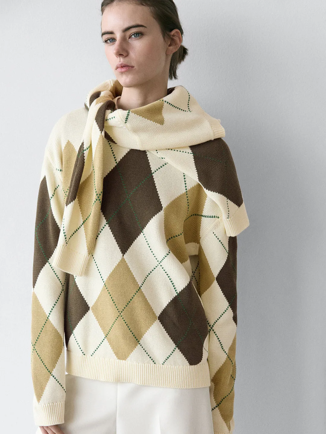 

Casual round Ne Long Sve Knitted Sweater Women's Spring New Sle Layering Commute Vintage Diamond Pattern Knitwear