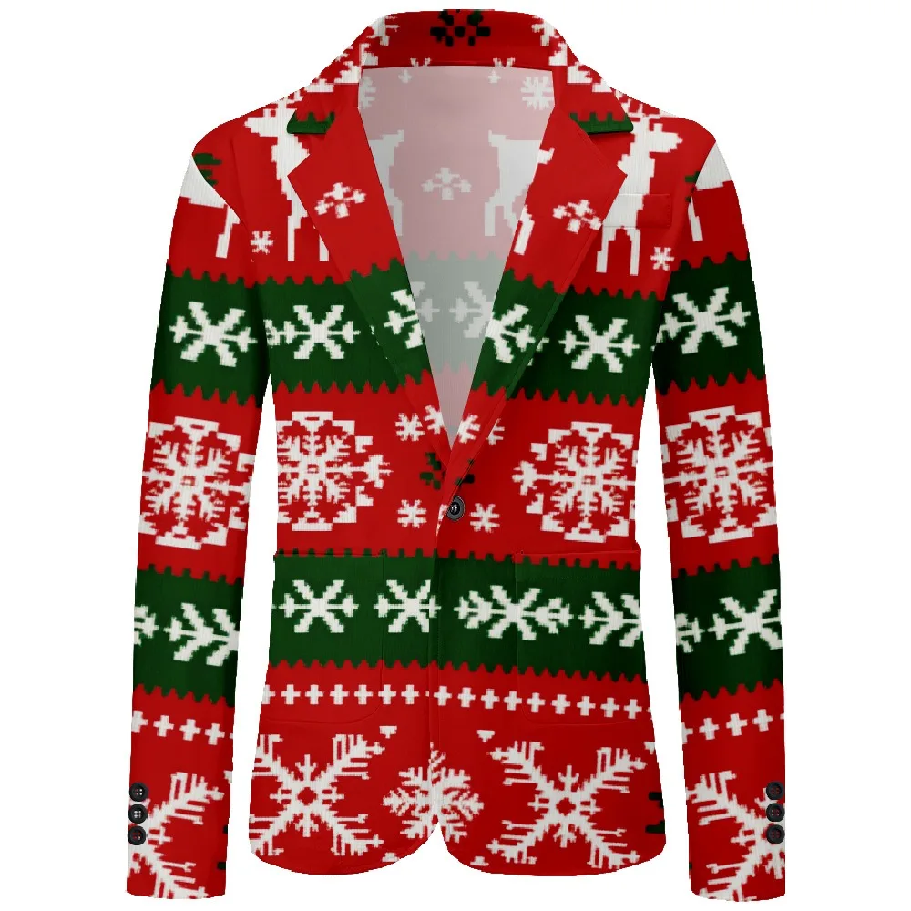 Men's Festive Xmas Casual Blazer 3D Pinecone & Snowflake Pattern Single Button Sport Coat for Holiday Party Wedding Formal Wear