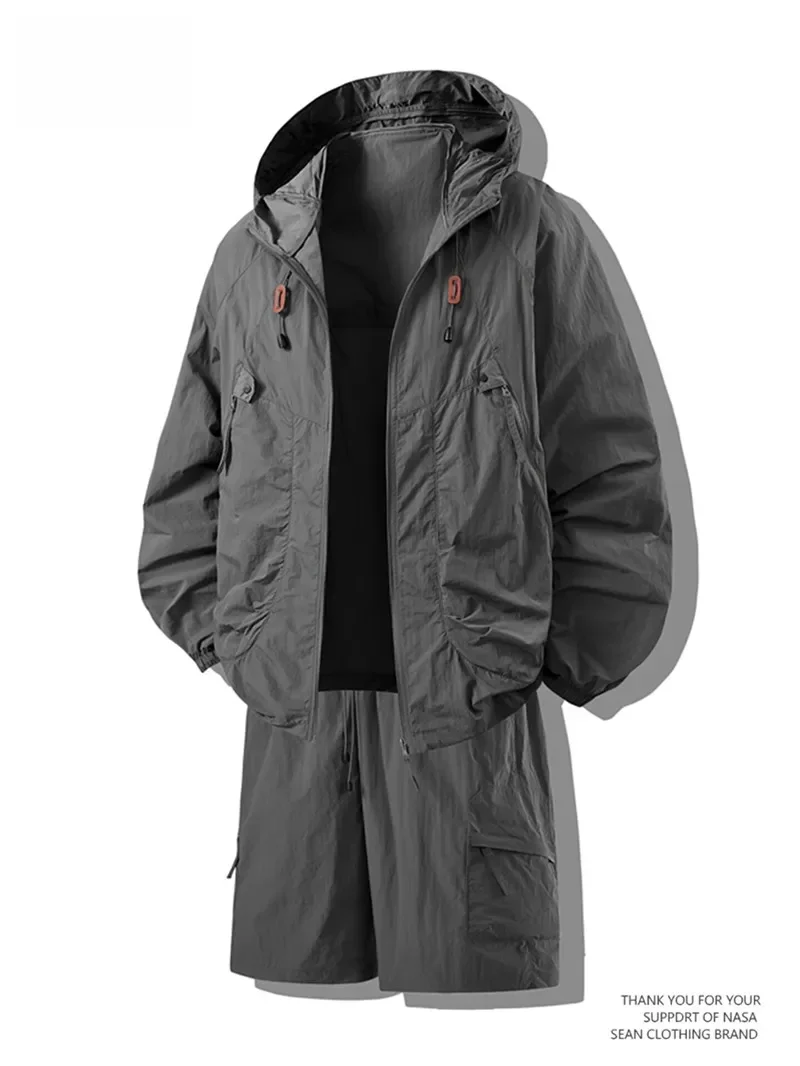 Conjunto de roupas de proteção solar masculinas, leve, verão seco, seda gelada, respirável, sensação fresca, jaqueta longa