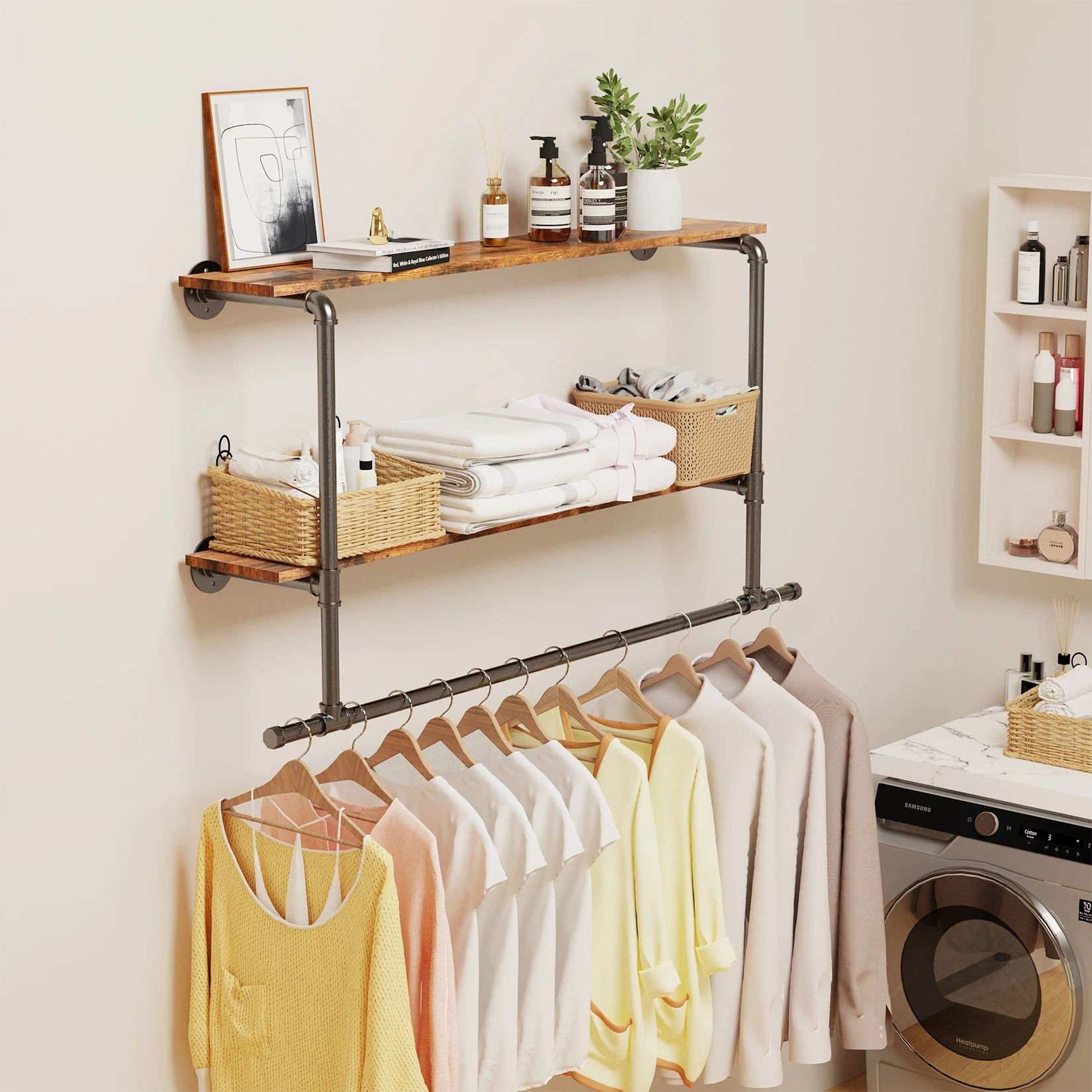 Industrial Pipe Clothing Rack Wall Mounted Wood Shelf,Pipe Shelving Floating Shelves,Retail Garment Rack Display Rack Clothes