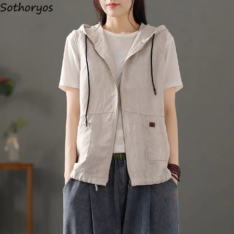 

Hooded Vests Women Sleeveless Vintage Summer Loose Design All-match Mature Female Simple Casual Outwear Korean Style Daily Cargo