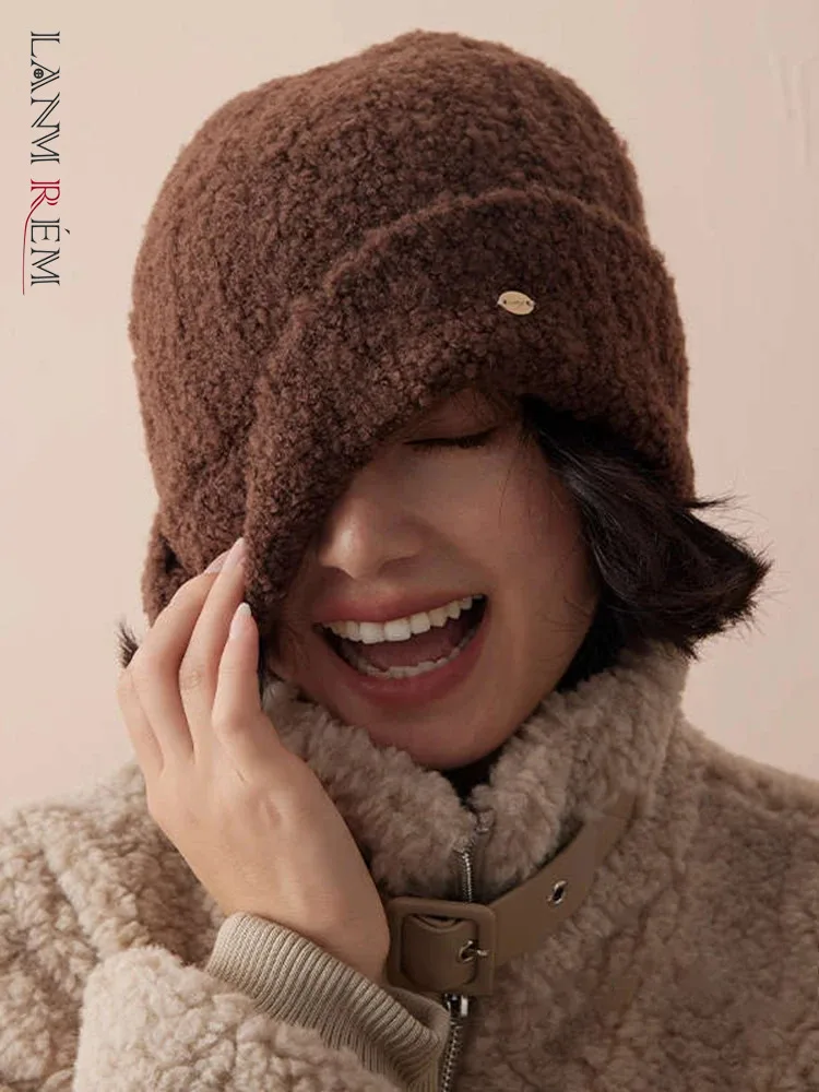 

[LANMREM] Minimalism Wool Knit Hat For Women Solid Thick Warm Casual Outdoor Fashion Hats Versatile 2024 Winter New 26C1566