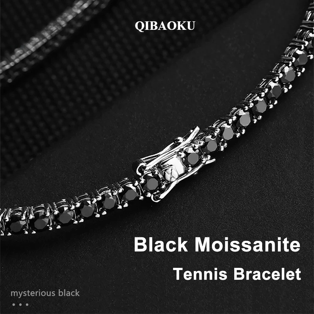 QIBAOKU Black Moissanite Tennis Bracelet S925 Sterling Silver Plated 18k White Gold Bracelet for Women Man Party Jewelry 2026