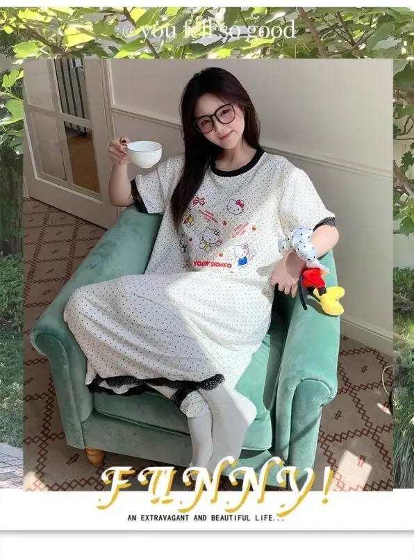 

Lace Long Style Woman Nightdress Casual Cartoon Cute Polka Dots Outside Loose Fit Can Be Worn Outside Home Clothes Nightgown