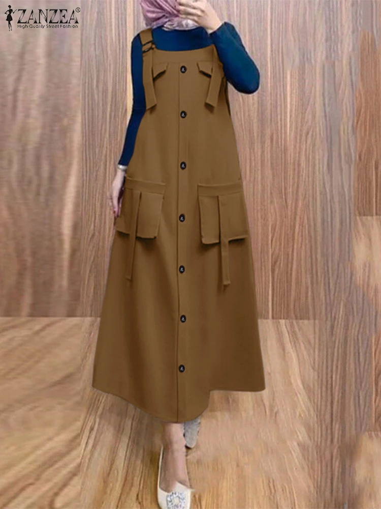 Sommer-Overall-Kleid 2025, ZANZEA Damen, elegant, solides Träger-Maxi-Sommerkleid, lässiger Kaftan, modisches muslimisches Abaya-Kleid, IsIamic-Robe