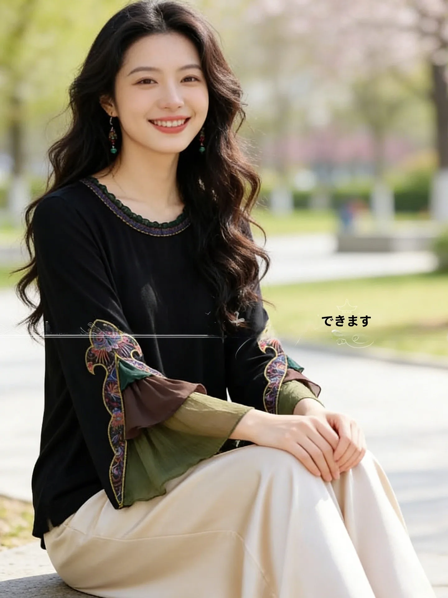 

Женская блузка Ele Long Sve с вышивкой, черная, приталенная, в национальном стиле, с изысканной кружевной отделкой, весна-осень