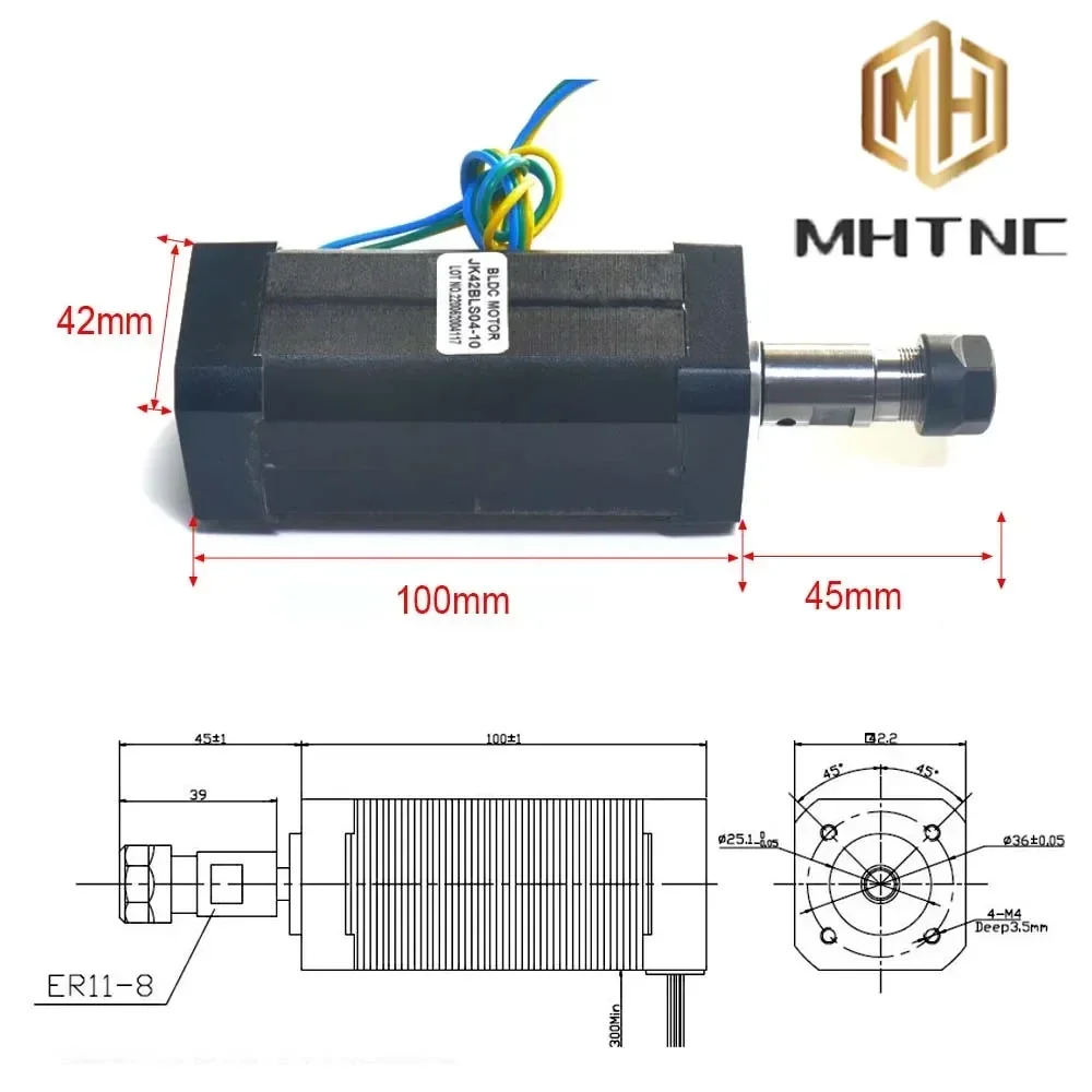 Motor Air cooled Brushless Spindle Motor 42MM 104W 24VDC Driver Support Analog Variable Speed PWM For CNC Engraver ER11+NBD200