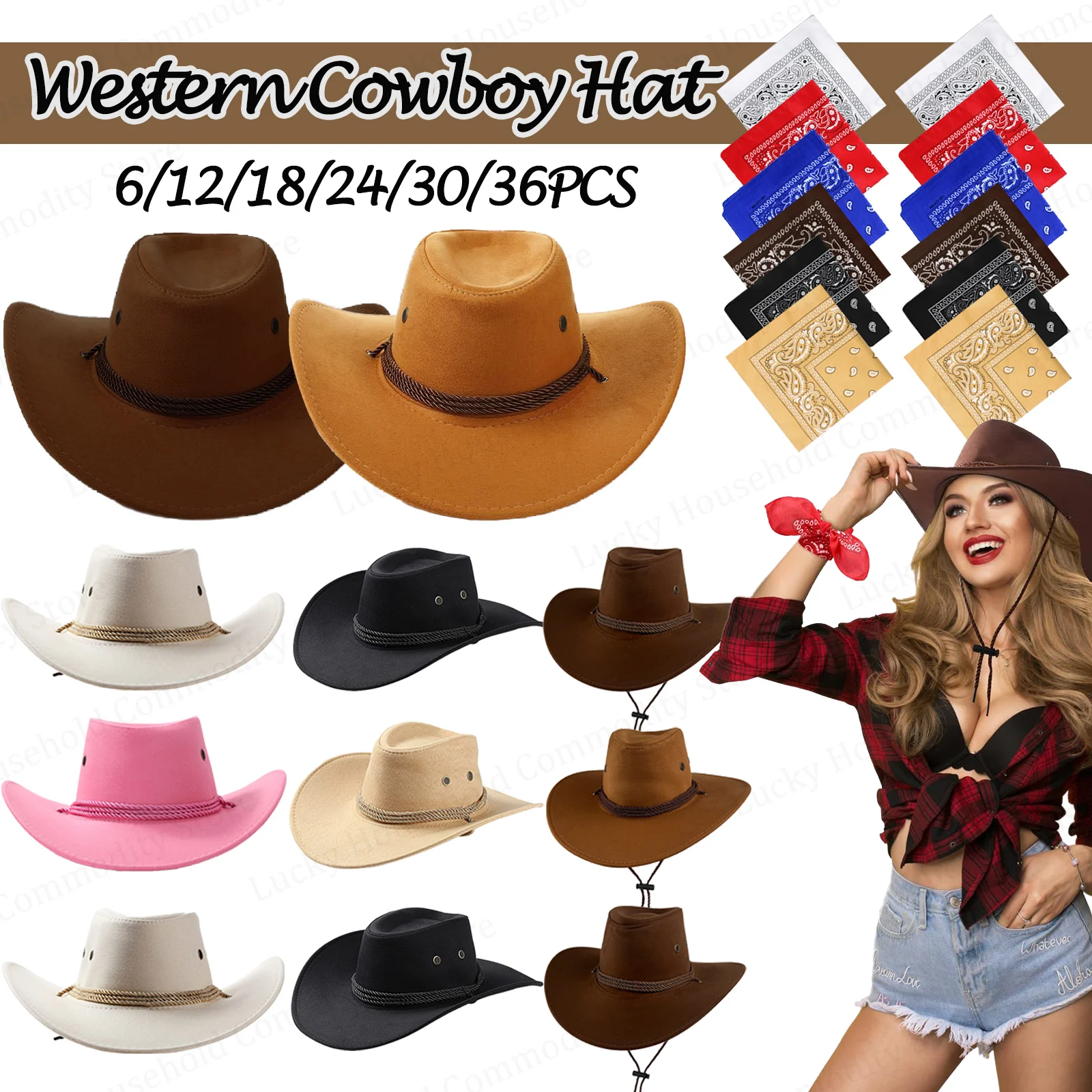 8756 6 Sets Adult Cowboy Hat For Women And Men Western Cowgirl Hats 6-36Set Cowboy Hats and Bandanas Bulk Cowgirl Hats for Women  main image 3