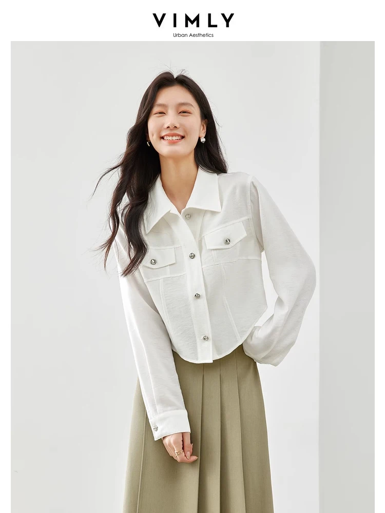 

Vimly Casual Crop White Shirts Women 2024 Spring Fashion Long Sleeve Top Thin Lapel Button Up Short Jacket Womans Clothing 30067