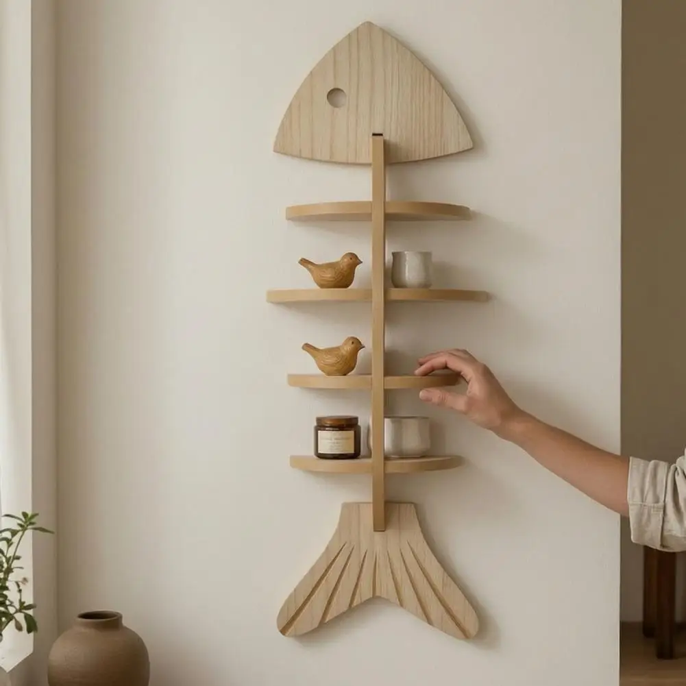 Fish Bone Storage Rack, Wood Wall Mounted Floating Shelf, Ocean Style Wall Art Display Shelf, for Bedroom And Living Room