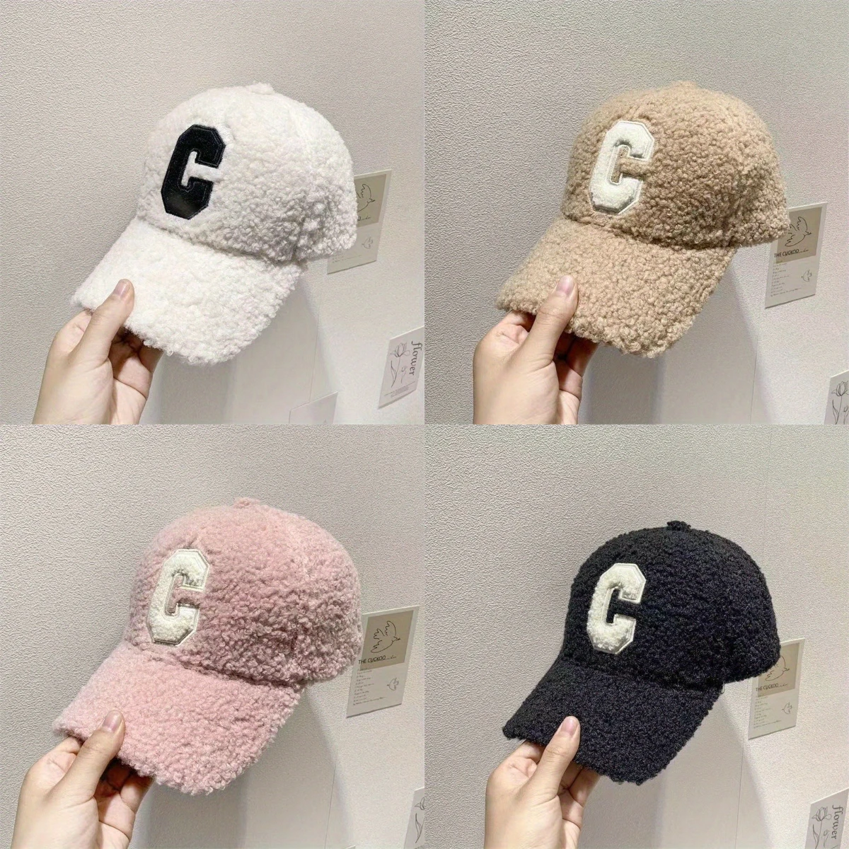 Lamb Wool Solid Color Duckbill Cap C Letter Embroidery Baseball Cap Woman Winter Travel Outdoor Warm and Thickened Casquette